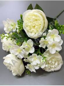 Букет пионовидных роз с гортензией 9гр 44см (бел кр гол борд сир роз)